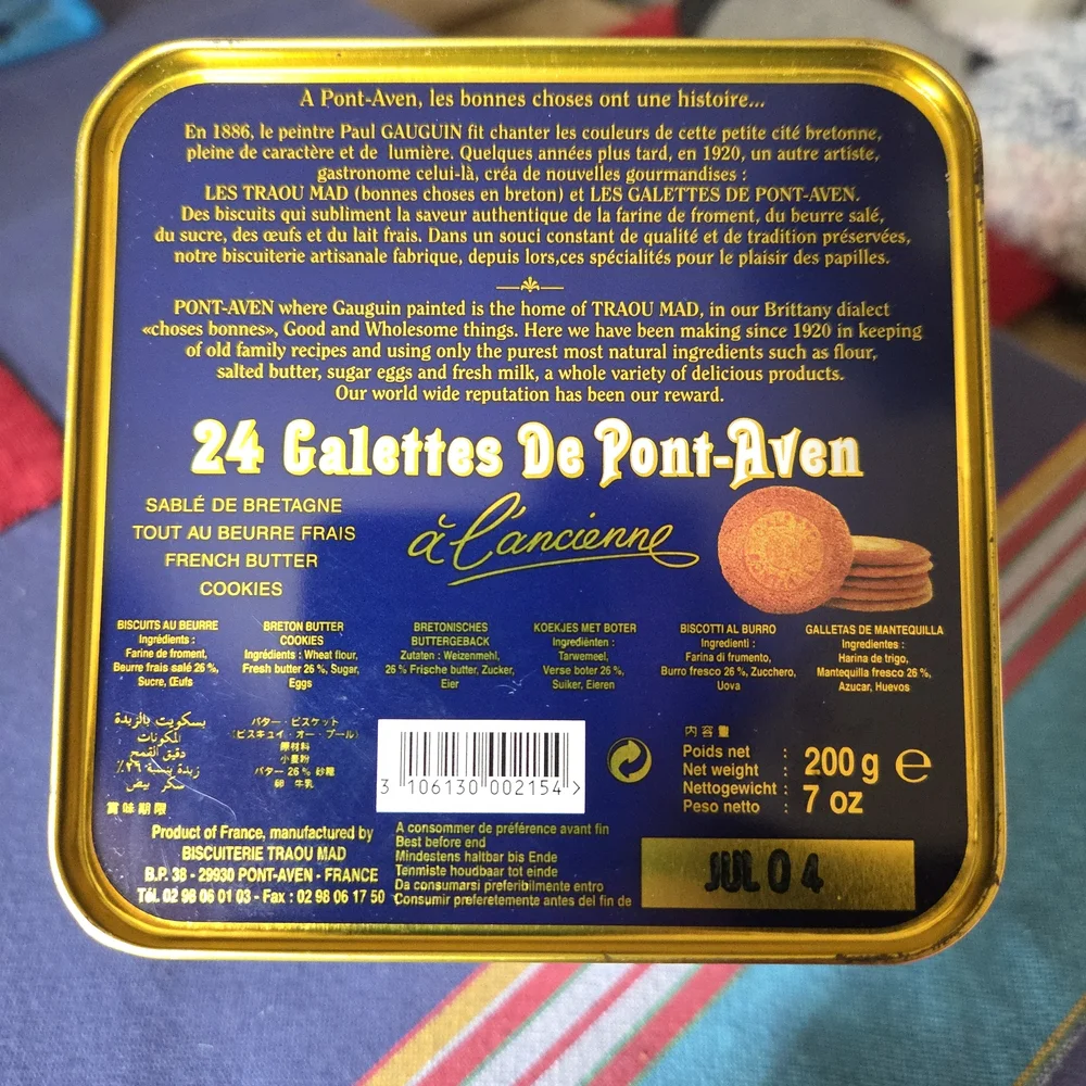 Vintage French Biscuit Tin, Blue and Gold, Top Knob, Les Galette De Pont Aven